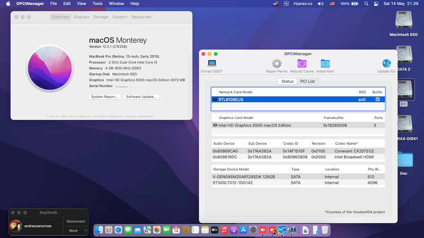 Success Hackintosh macOS Monterey 12.3.1 Build 21E258 in Lenovo Ideapad 110-14IBD